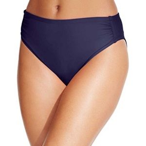 INC International Concepts Navy Mid-Rise Bikini Bottoms with Shirred Sides